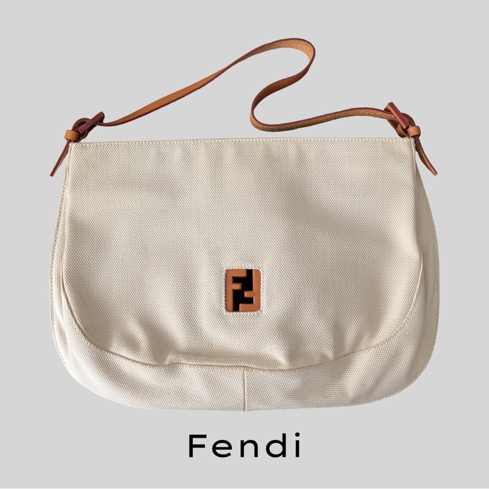 AUTHENTIC FENDI NATURAL CANVAS HOBO SHOULDER BAG WITH LEATHER TRIM, ITALY